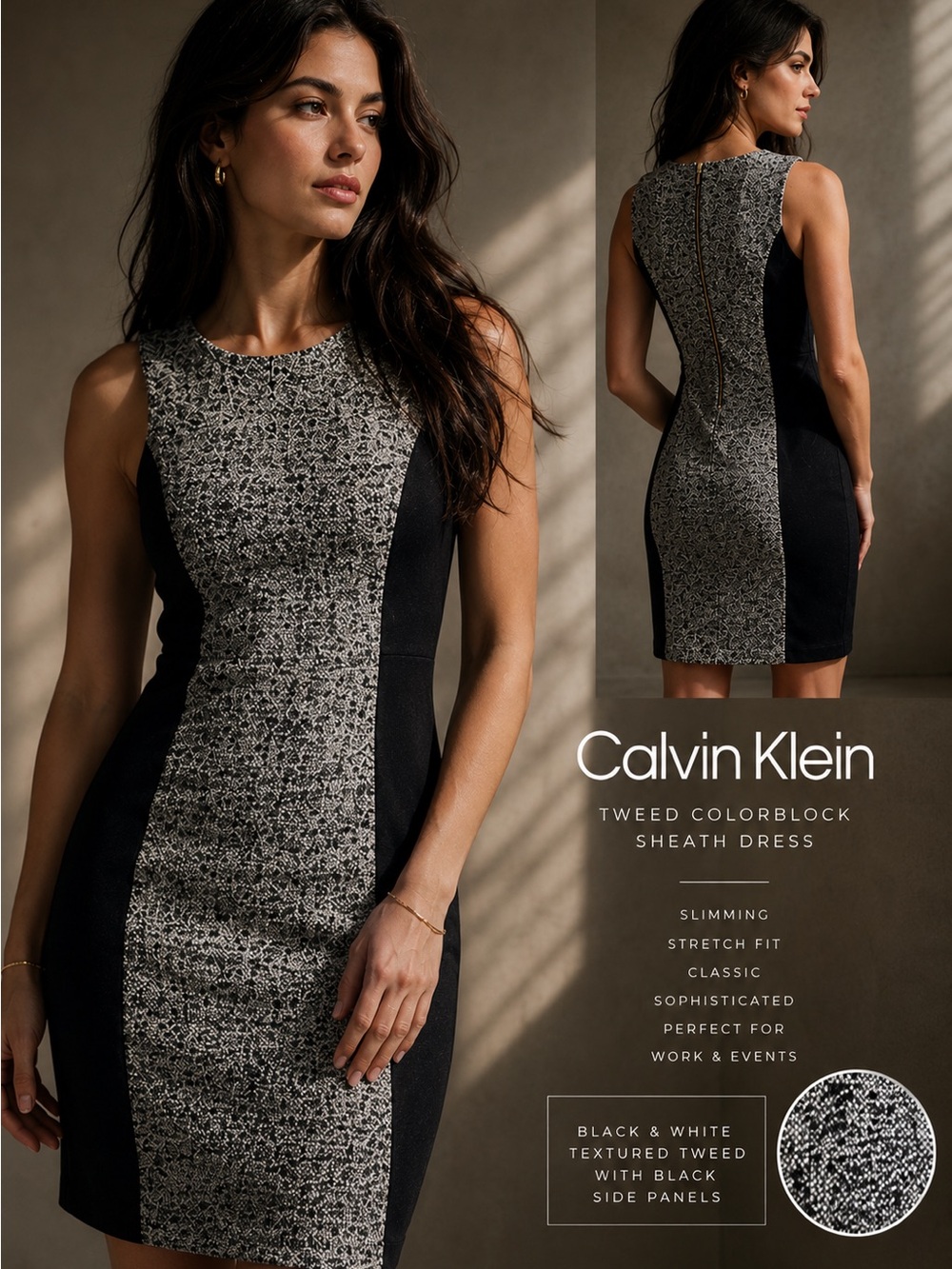 Calvin Klein Black and White Tweed Colorblock Sheath Dress